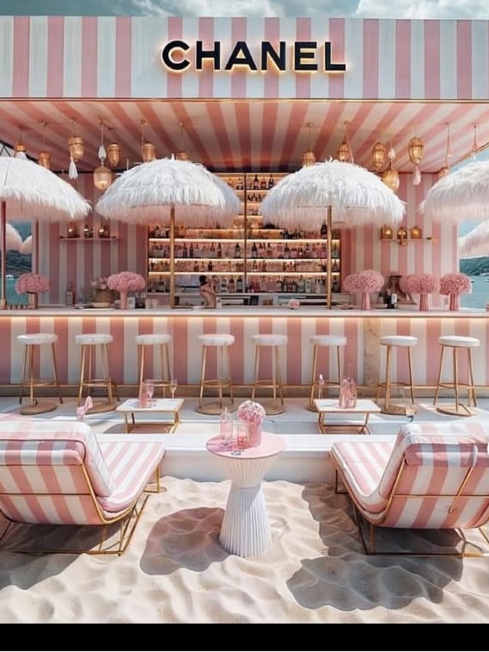 CHANEL Pink & White Striped Beach Bar Lounge